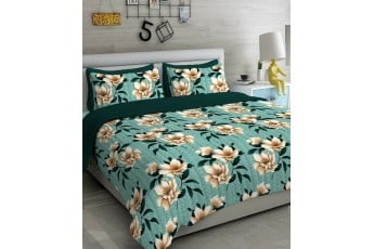Teal Floral Print 300 TC Polycotton 1 Double Bedsheet with 2 Pillow Covers
