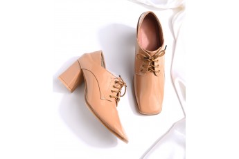 Formal caramel brown patent derby heel