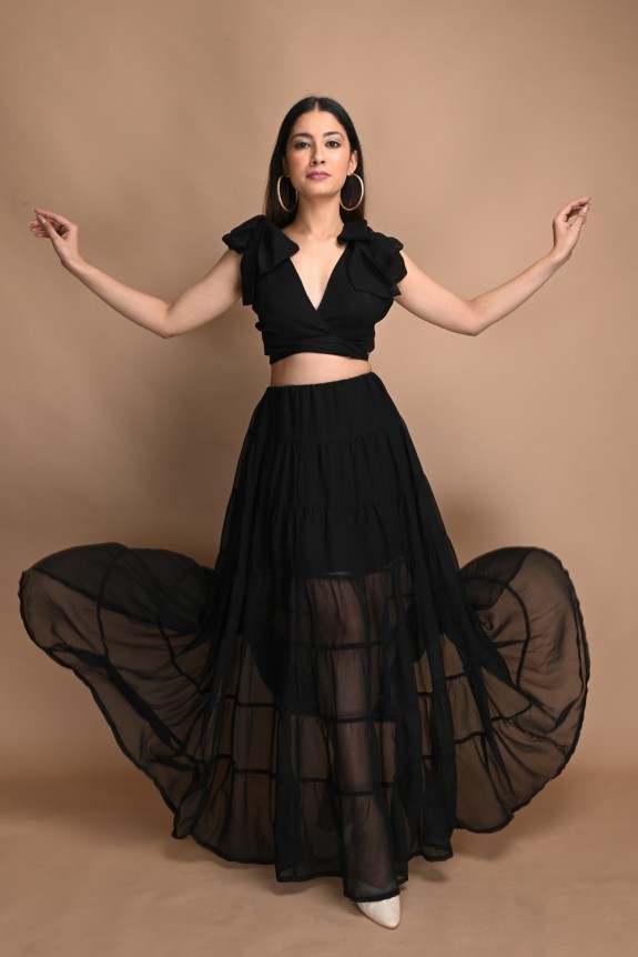  Set Of Two : Exclusive Black Georgette Tier Skirt with Tie Up Top  