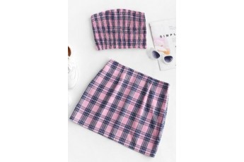 Set of 2- Pink plaid check top and skirt