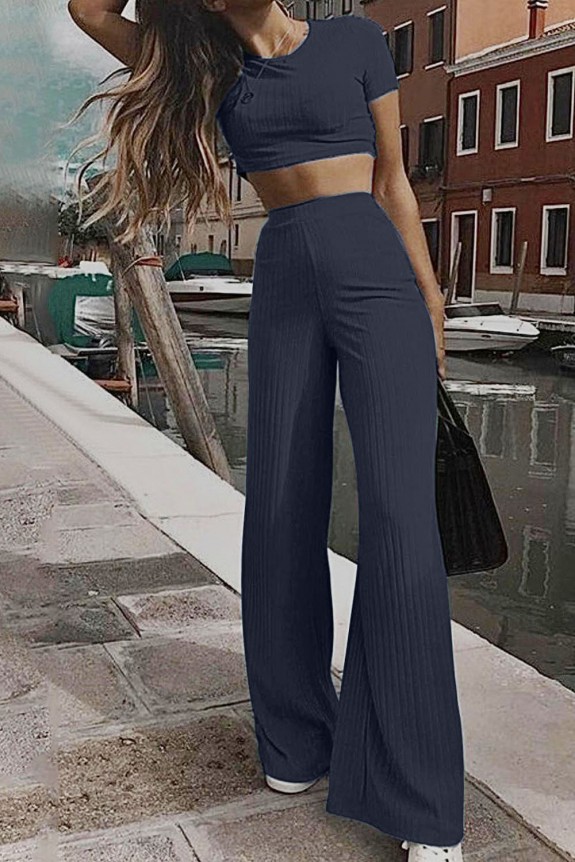 Set of 2 - Navy Blue rib crop top and trouser