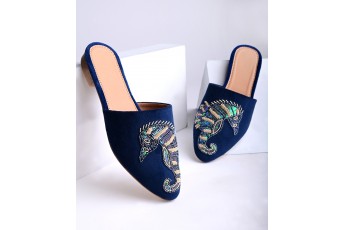 Blue embroidered bead mule flat