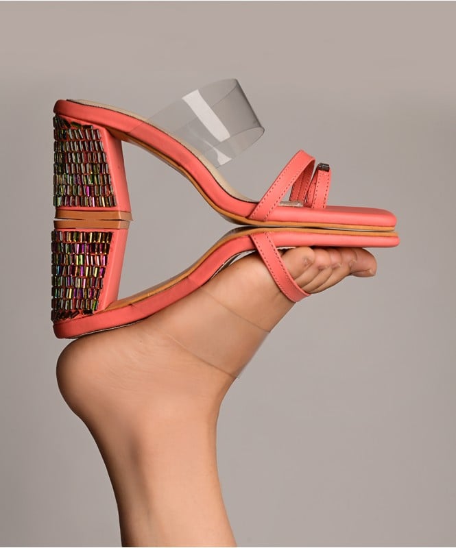 Salmon pink rhinestone detailed heel 