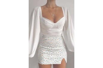 Set of Two-Puffed Sleeve White Top with Floral Print Skirt