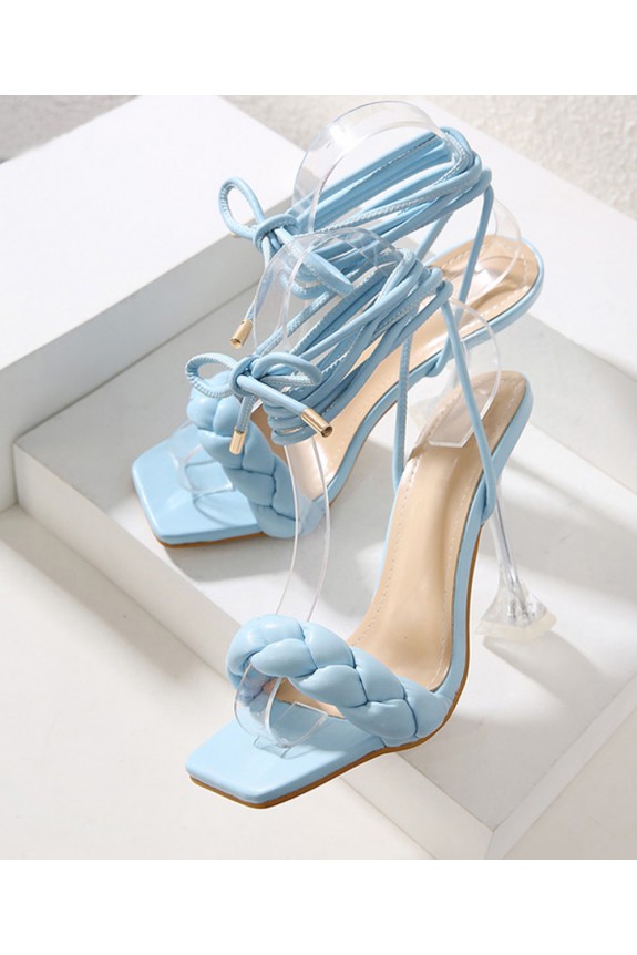 Braided blue tie up heel