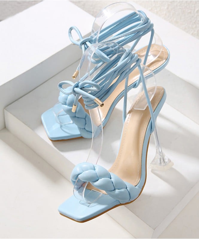 Braided blue tie up heel