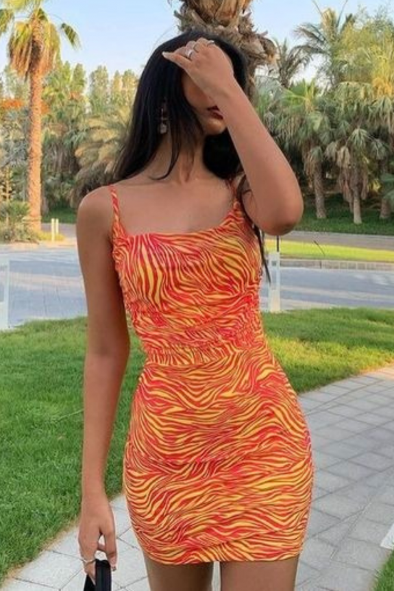 Orange Y2k print Bodycon Dress