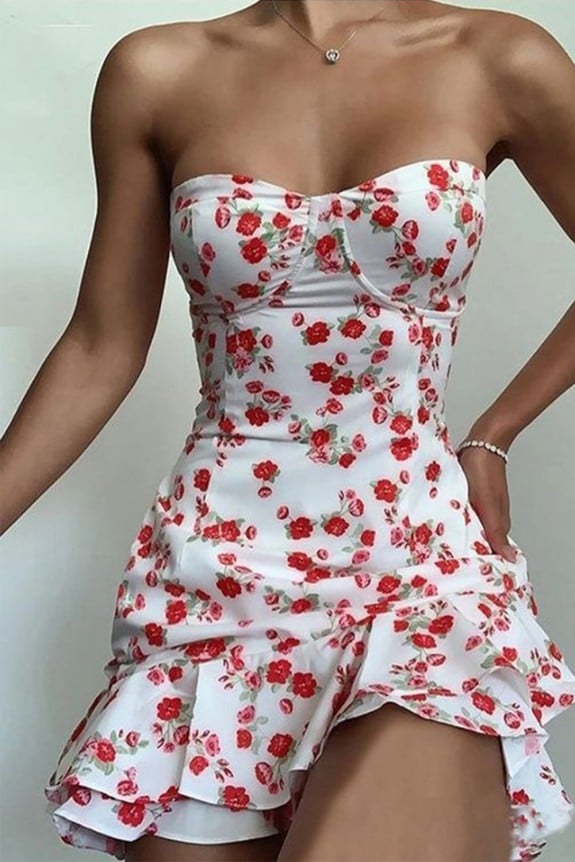 Off Shoulder Cute Floral Print Dress 