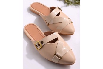The beige buckle strap mules