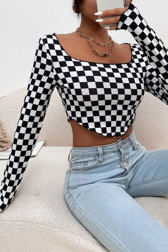 Checkered Long Sleeves Crop Top