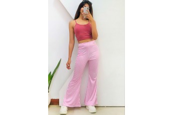 Set of Two: Solid Cami Crop Top with Pink Check Flared Pants