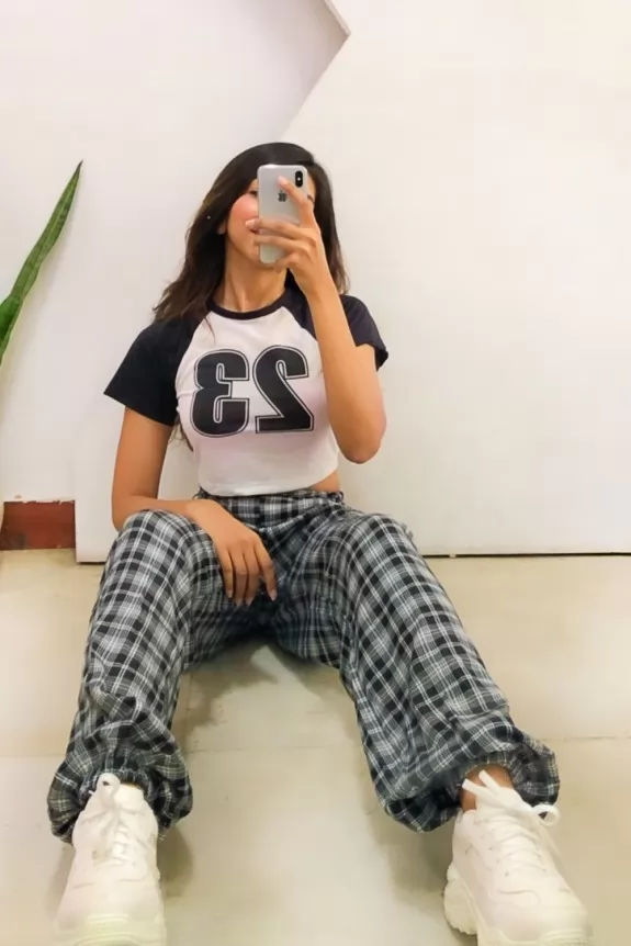 Set of Two: Graphic Printed Crop Tee with Black Plaid Jogger