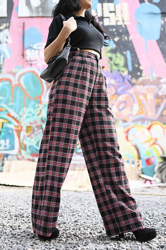 Set of 2: Summer Plaid Wide Leg Pants with Black Rib Collared Cropped Tee