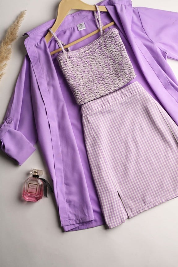 Set Of 3: Lavender Checkered Skirt with Over sized Shirt and Full Smocking Top