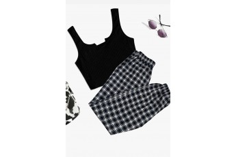 Set of 2- Black crop top with Black & White Check Jogger
