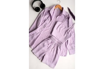 Set Of 3: Lavender Checkered Shorts with Over sized Shirt and Cropped Top