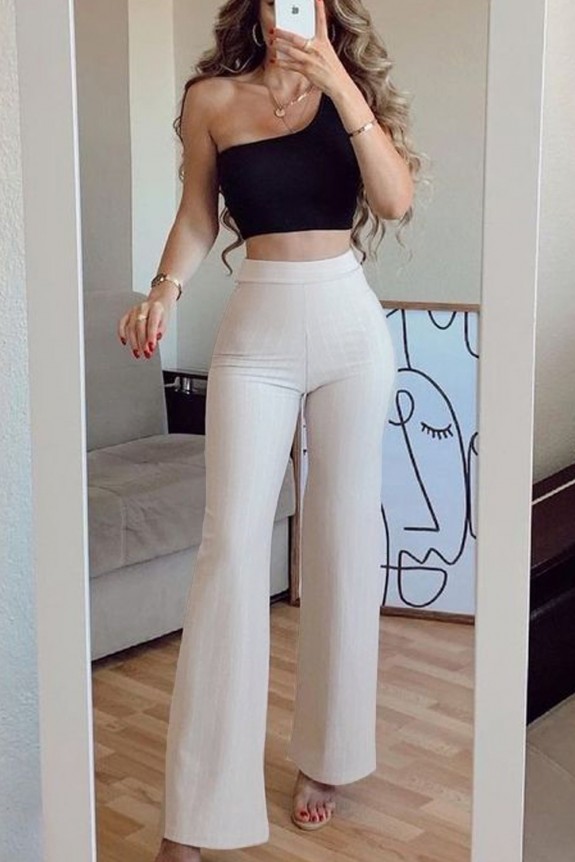 Set Of Two ; Asymmetrical Top with White Pants   