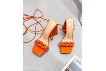 Orange braided strap lace up heel