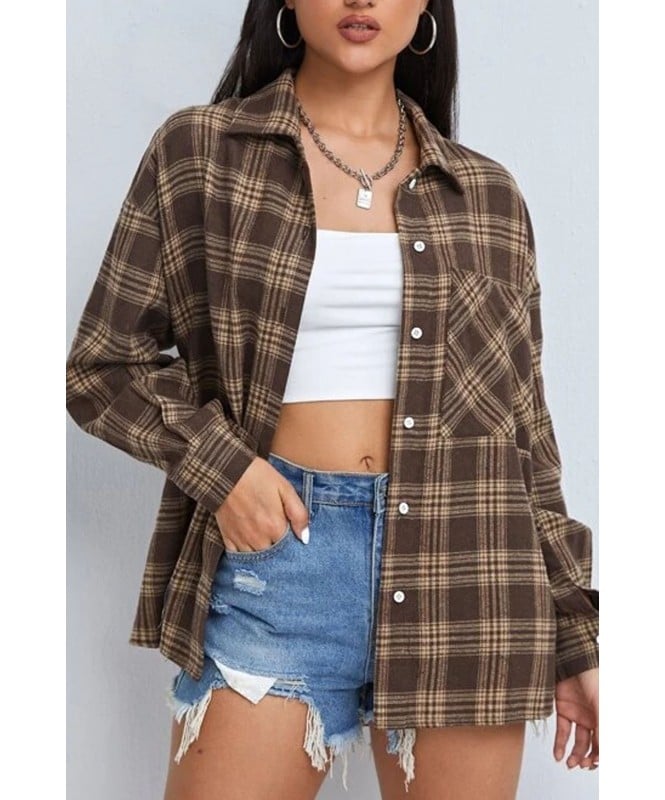 Brown Checkered Oversized Shirt with pocket