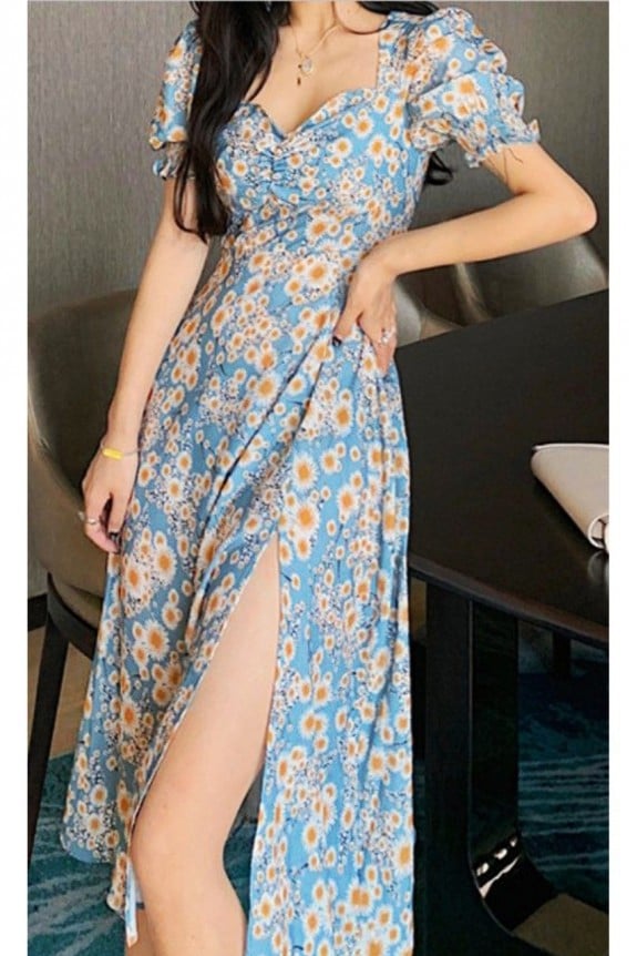 Summer Floral Print Side Slit Dress