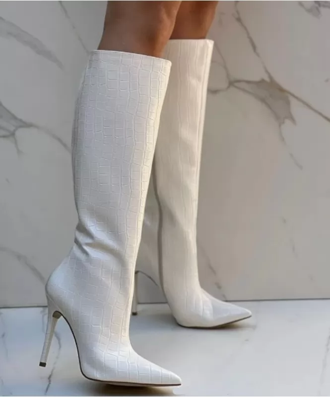 White croco print over the knee boots