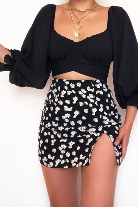 Set of 2- Puffed Sleeves  Black Crop Top With Side Slit Fitted Skirt