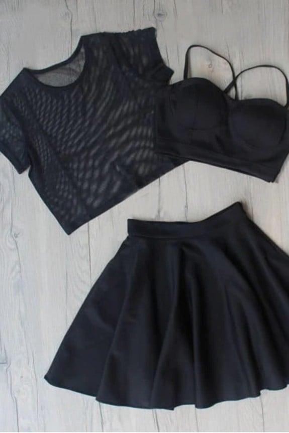  Set of 3: Combo of Black Bralette Top, Mesh Crop Tee and Flared Skirt