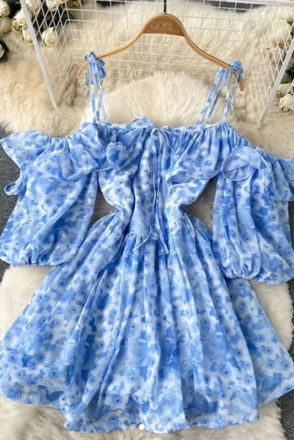 Self Tie Pretty Floral Blue Dress