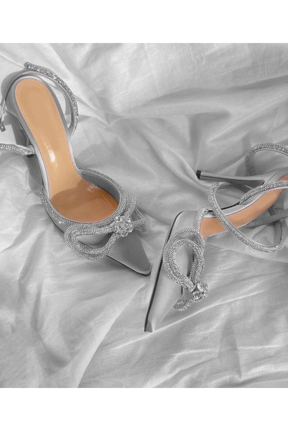 Satin silver bow shimmering heel