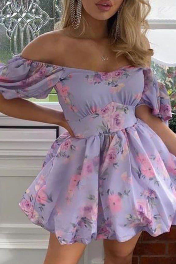 Floral Print Puff Sleeves Lavender Babydoll Dress