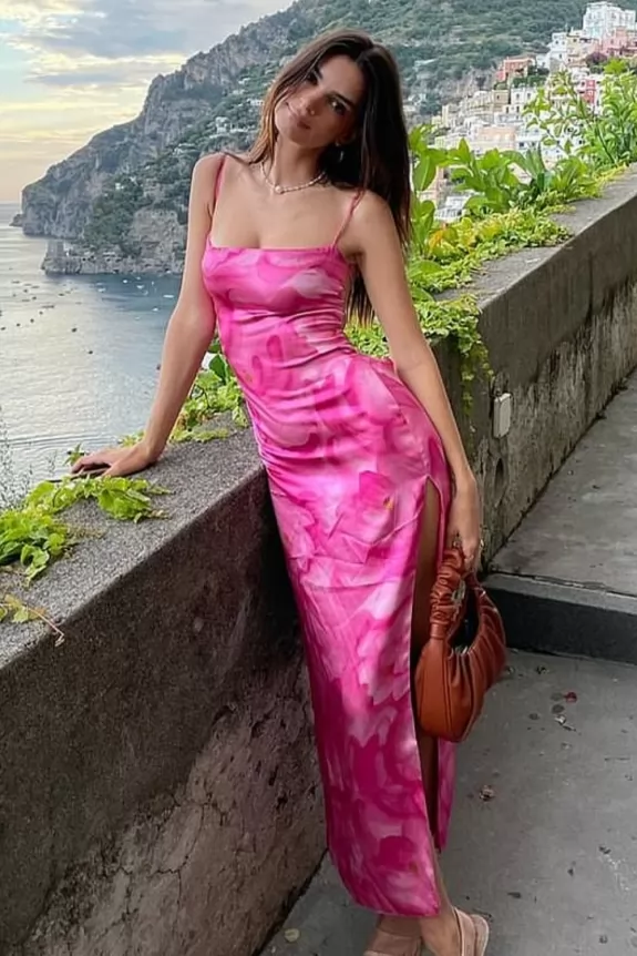 Emily Ratajkowski Pink elegant Satin Dress | Street Style Store | SSS