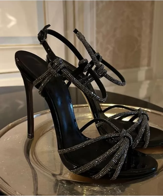Shimmering black high tie heel