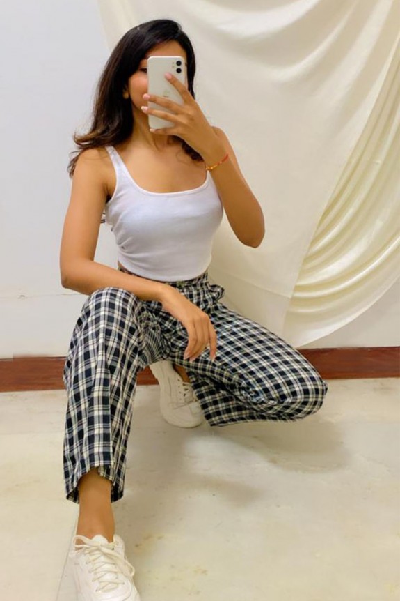  Set of 2-White Crop Top with  Plaid Pants
