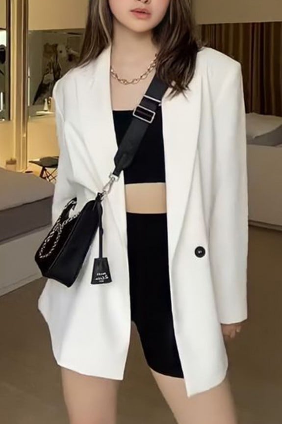 Set of 3- Oversized White Blazer With Strappy Crop Top and Shorts