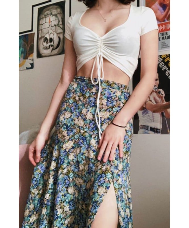 Set of 2 - Floral Slit Skirt  With Crop Top