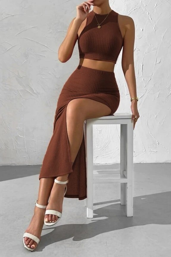 Brown Ribbed Co-Ord Set