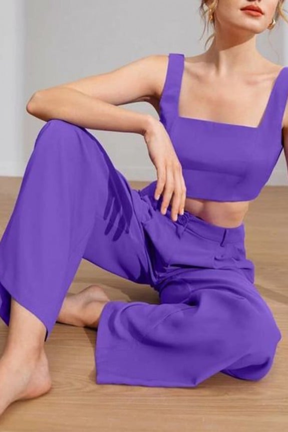 Set of 2 - Purple Crop Top With Flared Pants