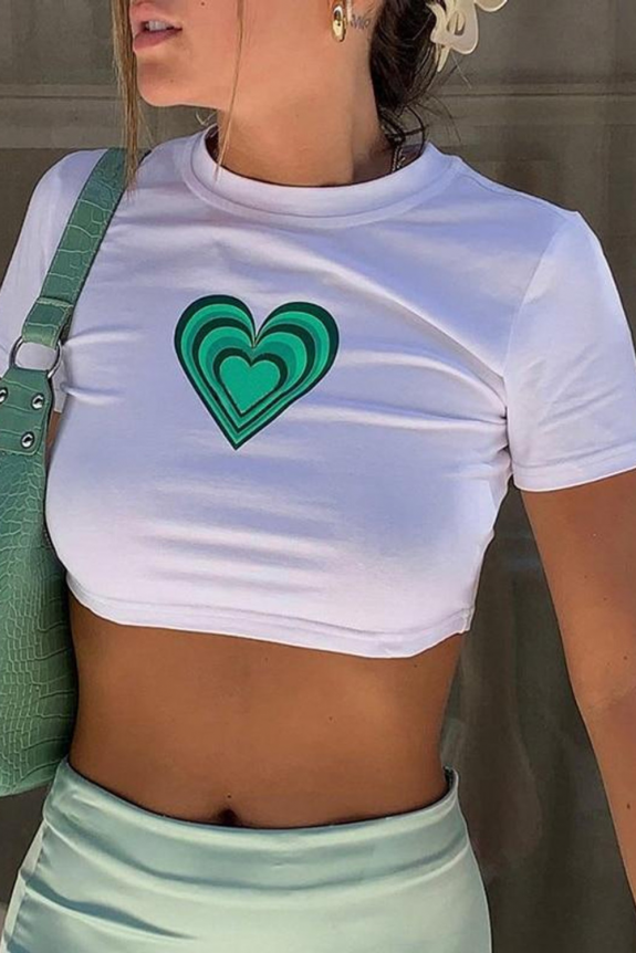 Y2K AESTHETIC GREEN HEART SHAPES WHITE CROP TOP