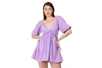 Puffed Sleeves Lavendar Fit and Flare Dress