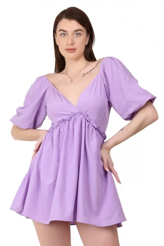 Puffed Sleeves Lavendar  Fit and Flare Dress