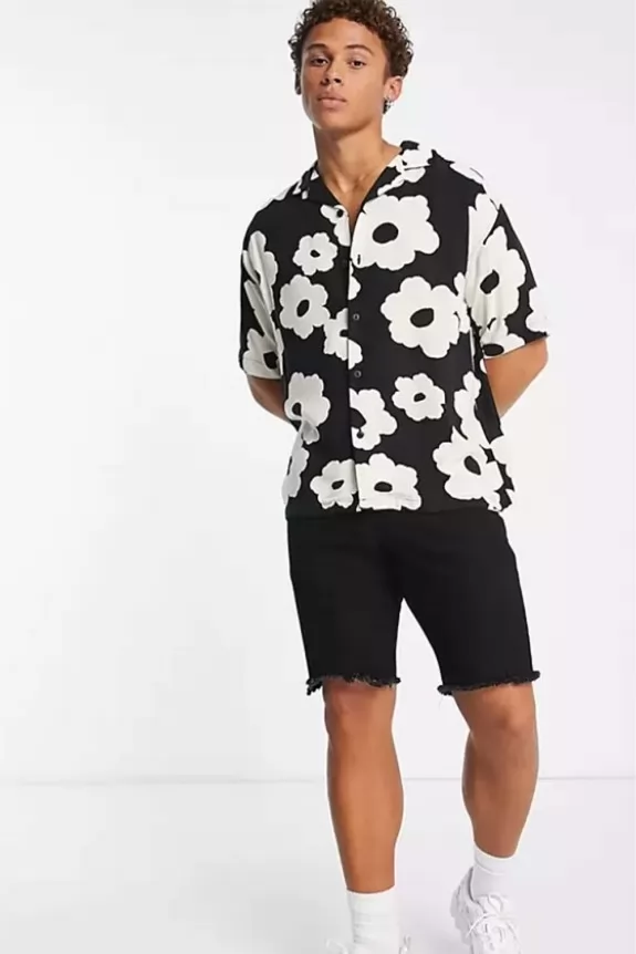 Black & White Floral Print Rayon Shirt