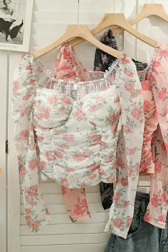 Floral Print Sweetheart Neck Mesh Top