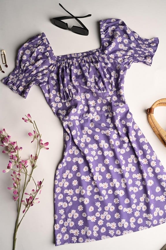 Lavender Daisy Floral Print Short Dress