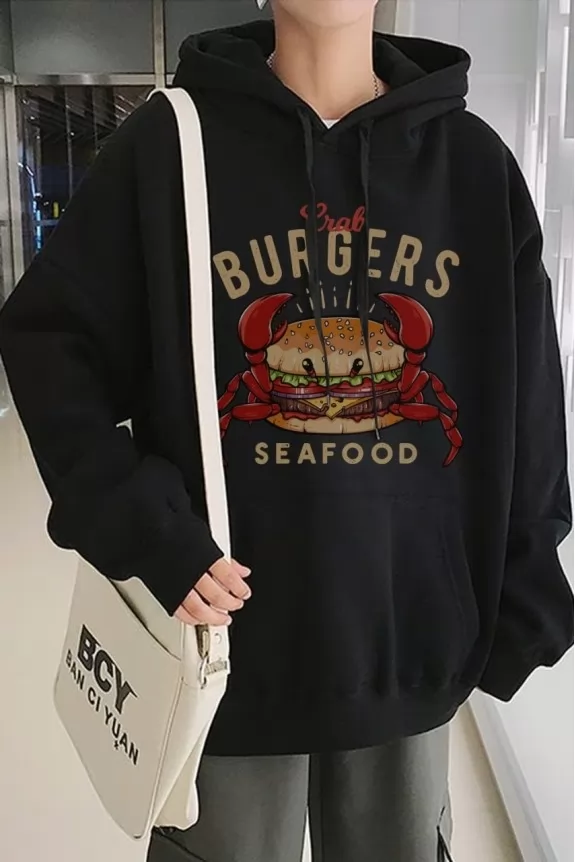 Sea Food Anime Print Black Sweatshirt