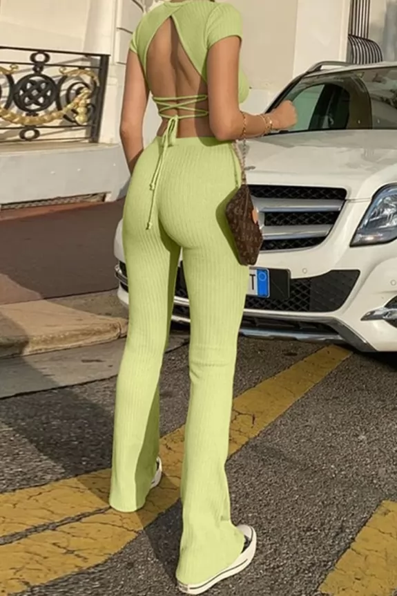 set of two: Lime Green Plain Ribbed Short Sleeve Cropped T-Shirt + Ribbed High Waist Boot Cut Pants