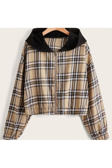 Black Hooded Checked Crop Shirt