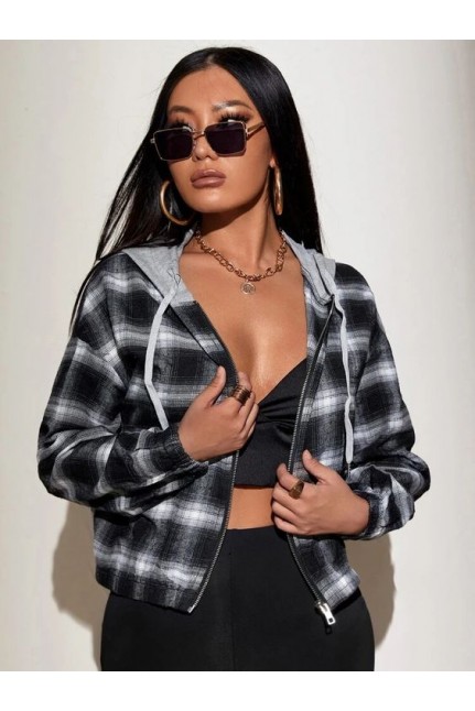  Hooded Checked Crop Shirt