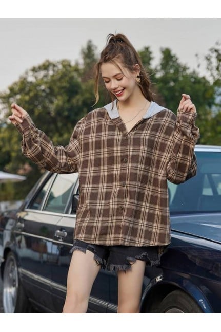 Brown checked Hooded Shirt 