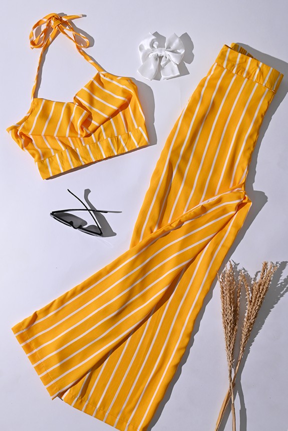 Set Of 2 - Yellow Stripe Crop Top With Trouser
