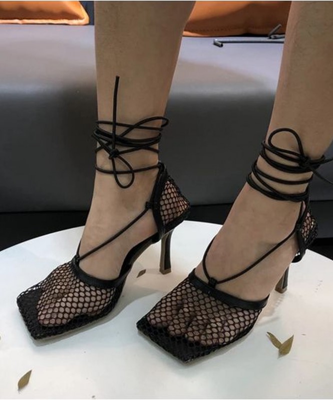 Black mesh tie up heels Street Style Store SSS